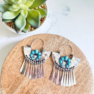 2/$30🌵 Faux Turquoise Stone Earrings Silver Tassel Fringe Southwestern Boho NEW